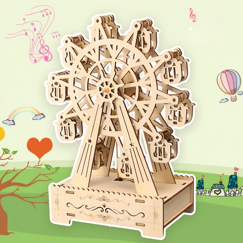 3D Wooden Mechanical Puzzle Marble Run - 3D木製パズル回転式観覧車遊園地音楽オクターブボックスモデルキット組み立てDIYおもちゃ子供大人向けギフト