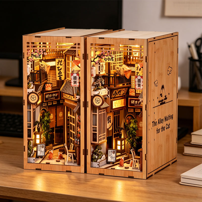 Book Nook Shelf Insert Alley Diy - Zuuton LED ライト付き本棚デコレーションキット 日本路地裏 猫待ち 3D