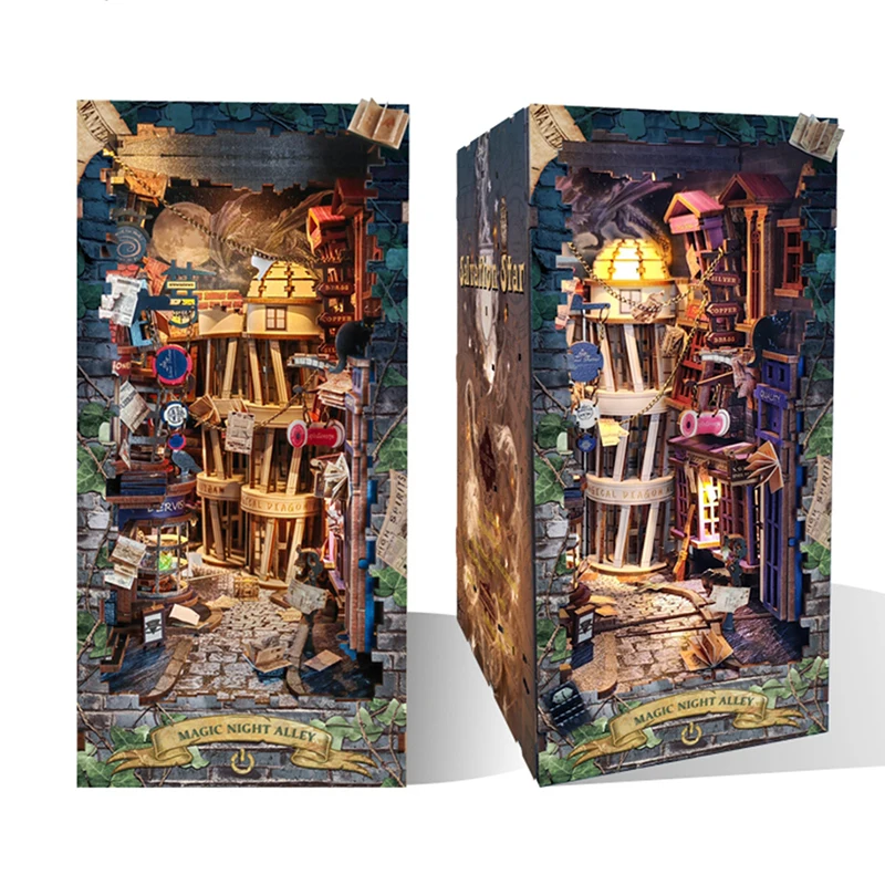 Book Nook Shelf Insert Alley Diy - DIY木製ブックヌックシェルフ組み立てキット、ミニチュア建築キット、LEDライト付きの魔法の夜の小道ブックシェルフ、ブックエンド、友人へのプレゼントに最適。
