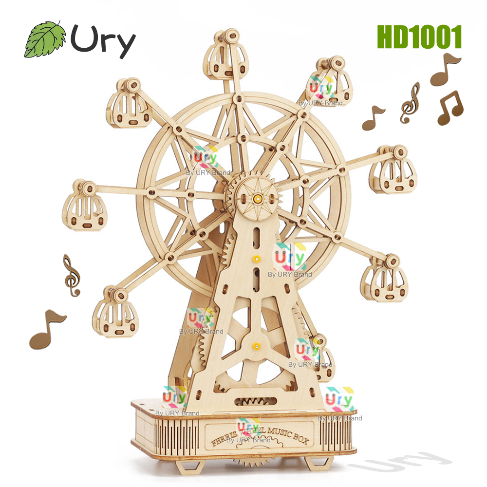 Music Box Wooden 3D Puzzle Rotating - 回転可能な DIY 3D パズルミニ観覧車音楽オクターブボックス木製モデル機械キット組み立て装飾おもちゃギフト大人のための