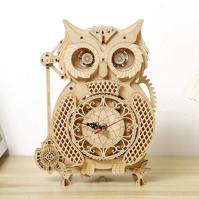 Wooden Clock Puzzle Mechanical Pendulum - DIY木製フクロウ振り子時計模型、機械式3Dパズル、大人と子供のための教育用手作りギフト