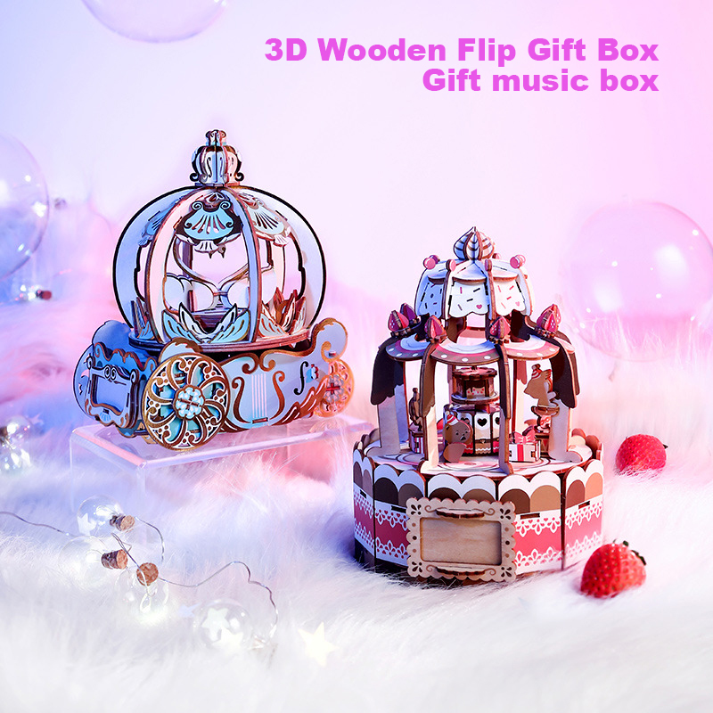 Music Box Wooden 3D Puzzle Rotating - TEAMGREEN パンプキンキャリッジ 3D木製パズルオルゴール、接着剤不要のスナップ組み立て、回転可能な装飾、親子DIYクラフト、誕生日