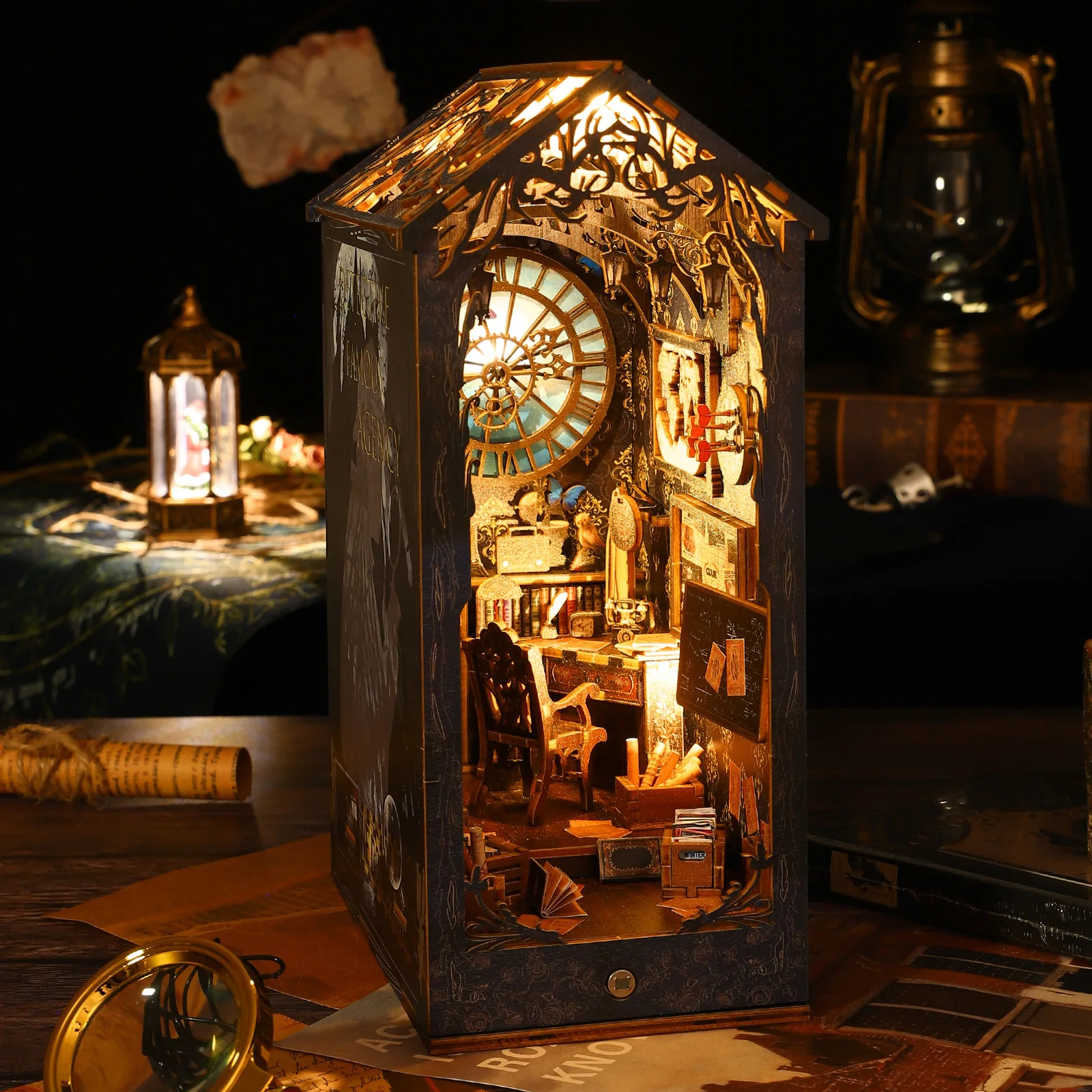 Diy Miniature Dollhouse Kit Book Nook - LEDライト付きDIYブックヌックキット,木製パズル,本棚インサート,家の装飾,ミニチュアドールハウス,クリエイティブギフト