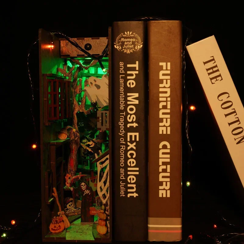 Book Nook Shelf Insert Alley Diy - 新しい木製DIYブックヌックシェルフミニチュアインサートキット、ハロウィンの不気味な路地の本棚、家のブックエンドデコレーション、フェスティバルの手作りギフト