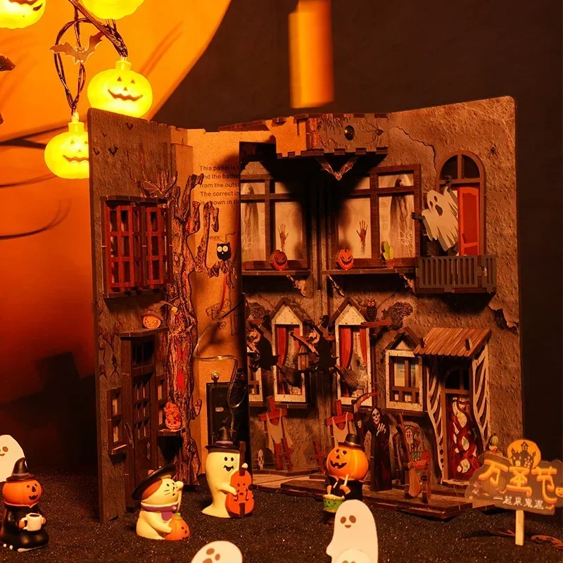 Book Nook Shelf Insert Alley Diy - 新しい木製DIYブックヌック棚ミニチュアインサートキット ハロウィン不気味な路地の本棚 ホームブックエンドデコレーション フェスティバル手作りギフト