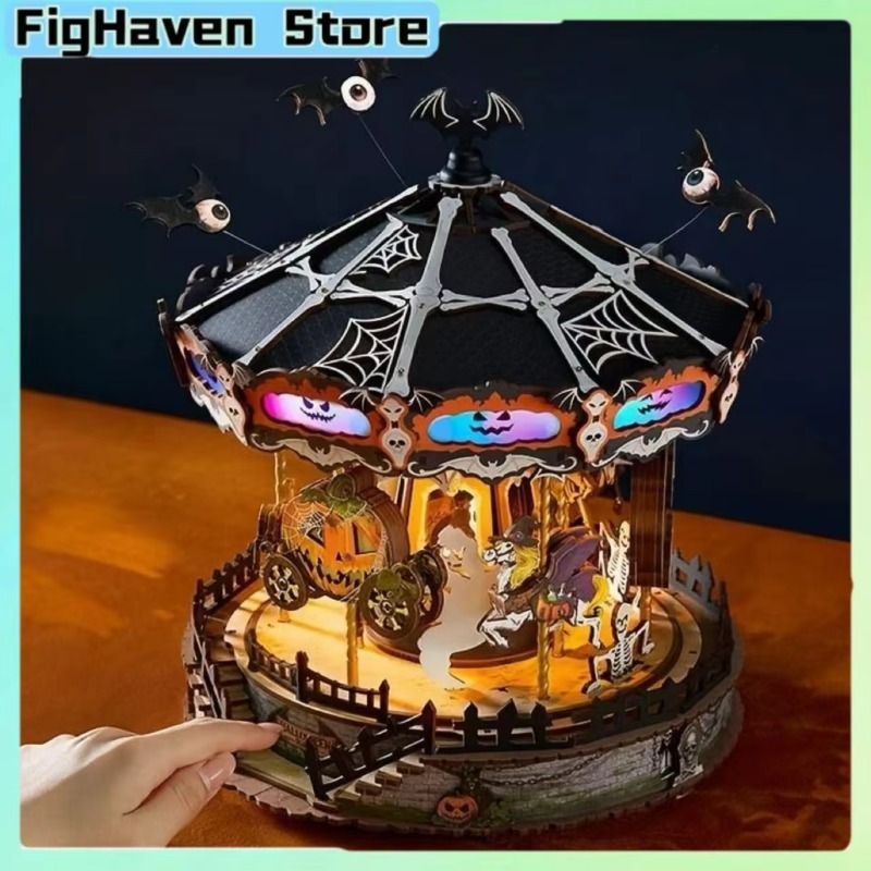 Music Box Wooden 3D Puzzle Rotating - ハロウィーン・カルーセル 3D DIY 木製パズル 回転式オルゴールモデル LEDライト付き