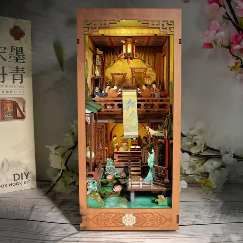 Diy Miniature Dollhouse Kit Book Nook - DIY木製ブックヌック棚インサートキット、宋王朝ブックエンドミニチュアモデルキット、ライト付き本棚、友達の誕生日プレゼントに