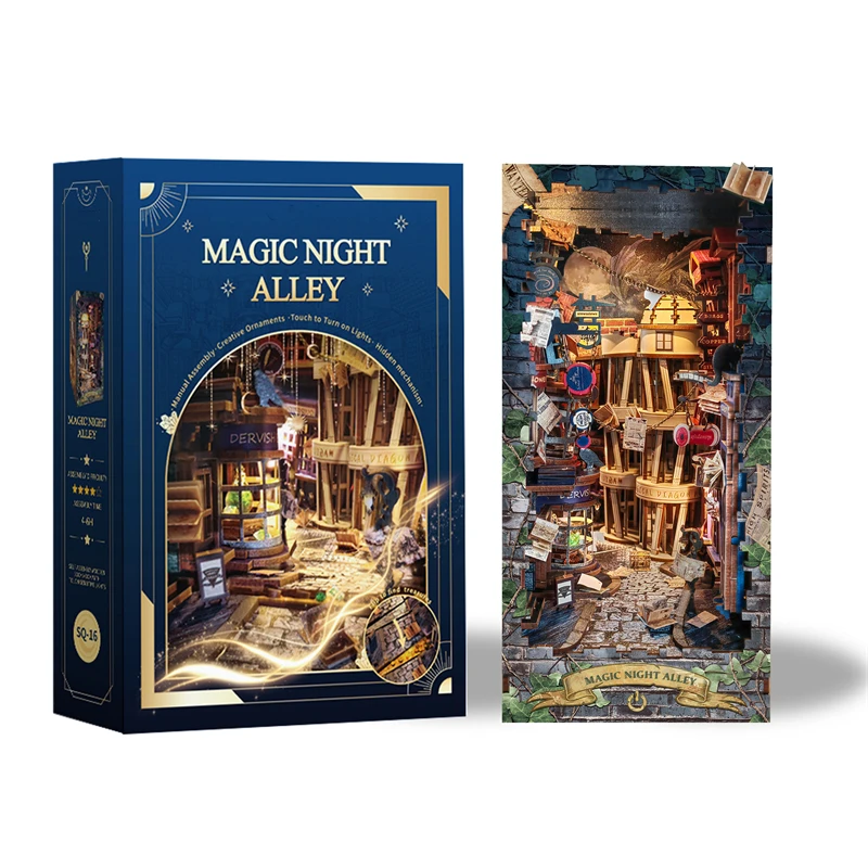 Book Nook Shelf Insert Alley Diy - DIY 木製ブックヌック棚インサートキット ミニチュア組み立てキット マジックナイトアレイブックシェルフ LEDライト付き ブックエンド
