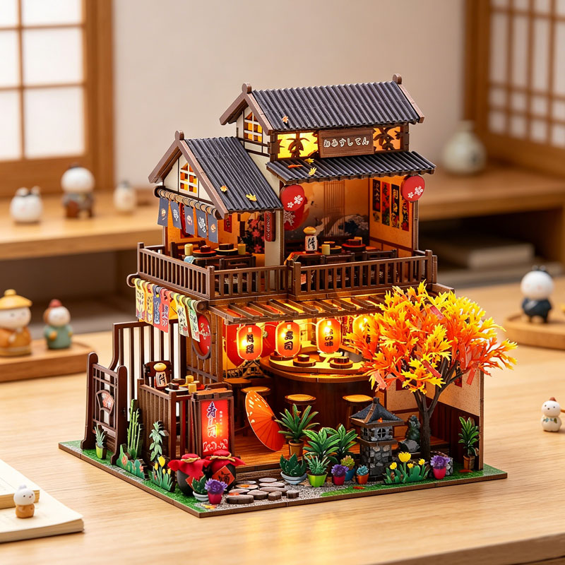 Miniature Led Light Kit For Dollhouse - 日本の居酒屋寿司レストランDIYミニチュアドールハウスキットLEDライト付き3D木製パズルフル家具クリエイティブギフト