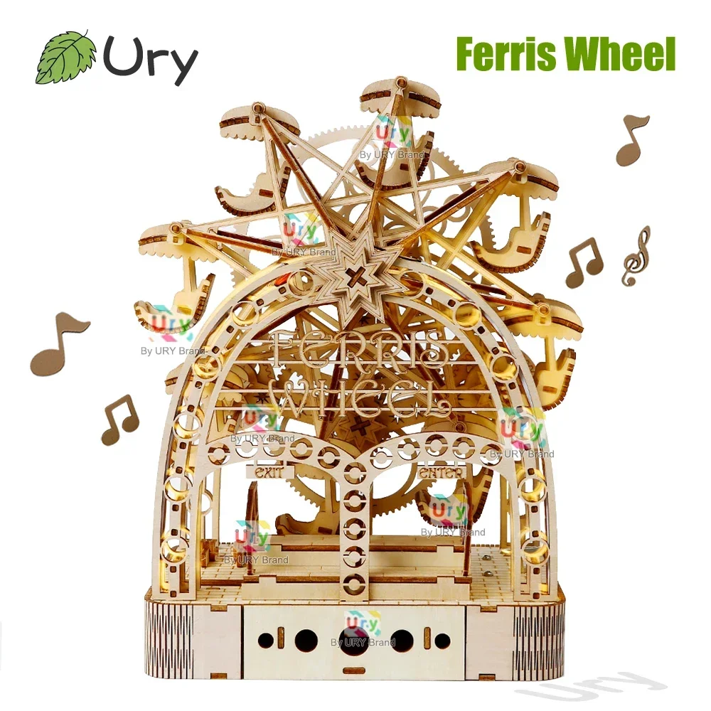 Music Box Wooden 3D Puzzle Rotating - 木製観覧車オルゴール,3Dパズル,LED,ハンドヘルド,回転,機械式アセンブリ,DIYおもちゃ,大人へのギフト