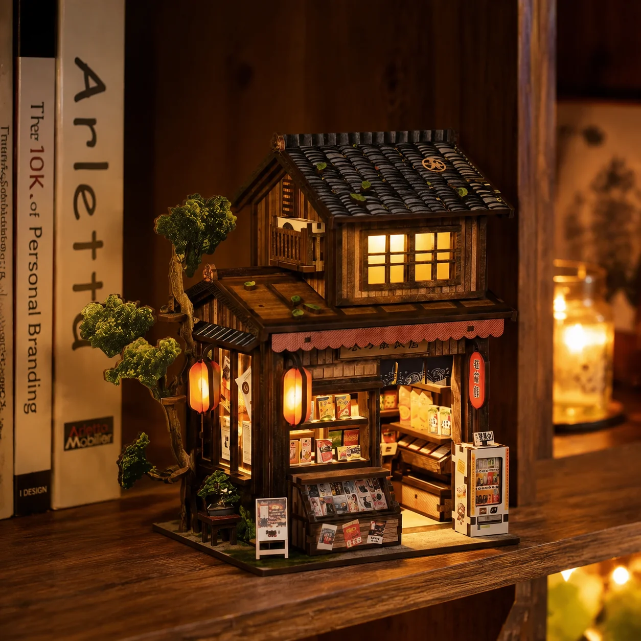 Diy Miniature Dollhouse Kit Book Nook - 日本風DIY木製ブックヌックキット 3Dミニチュアドールハウスパズル ブックシェルフインサート装飾 大人向けギフト