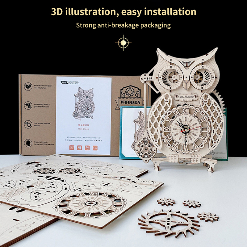木製パズル 3Dフクロウ時計 モデル組み立てキット クリエイ - Wooden Clock Puzzle Mechanical Pendulum のレビューと価格