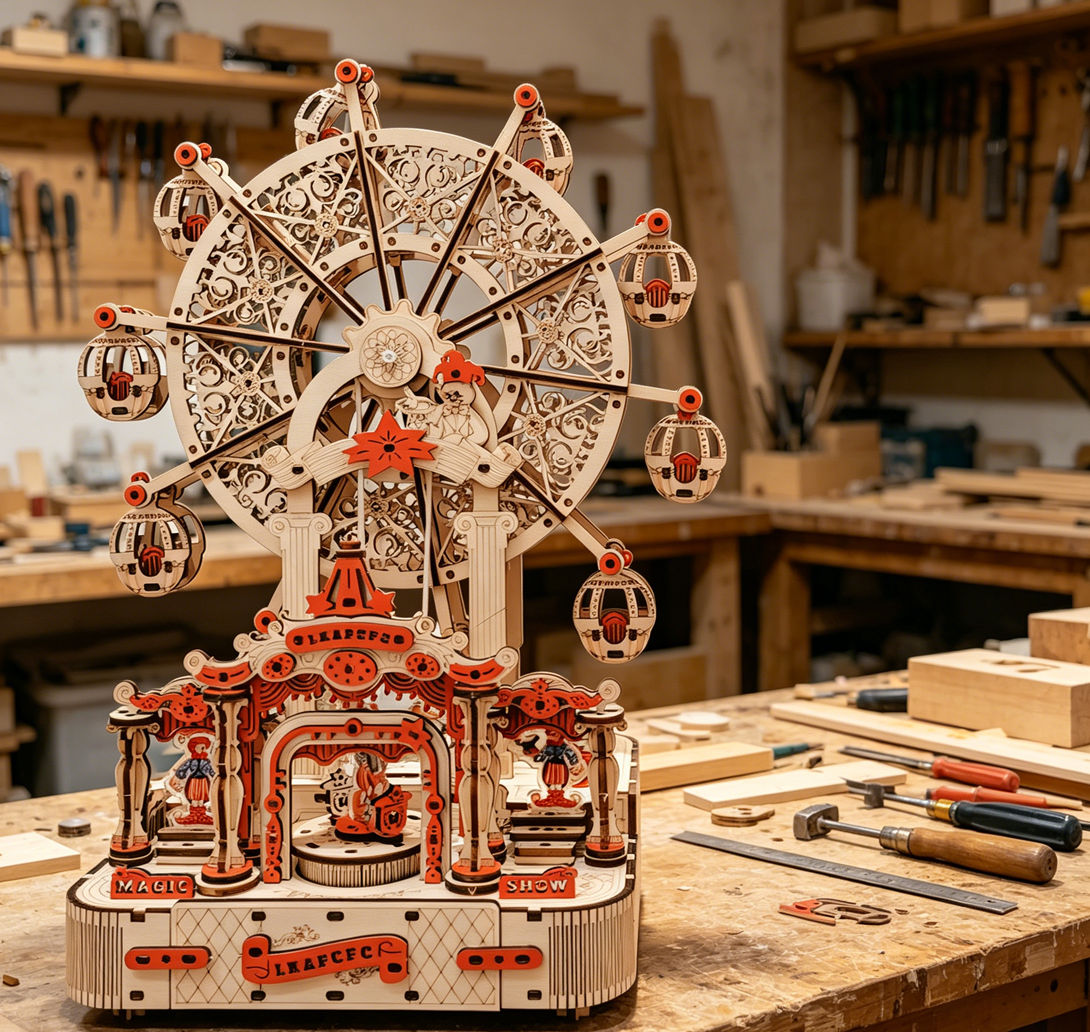 DIY 観覧車 3D 木製パズル、回転オルゴール組み立てキッ - Music Box Wooden 3D Puzzle Rotating のレビューと価格