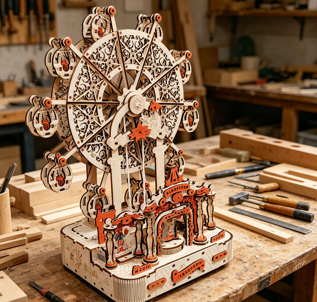 DIY 観覧車 3D 木製パズル、回転オルゴール組み立てキッ - Music Box Wooden 3D Puzzle Rotating のレビューと価格