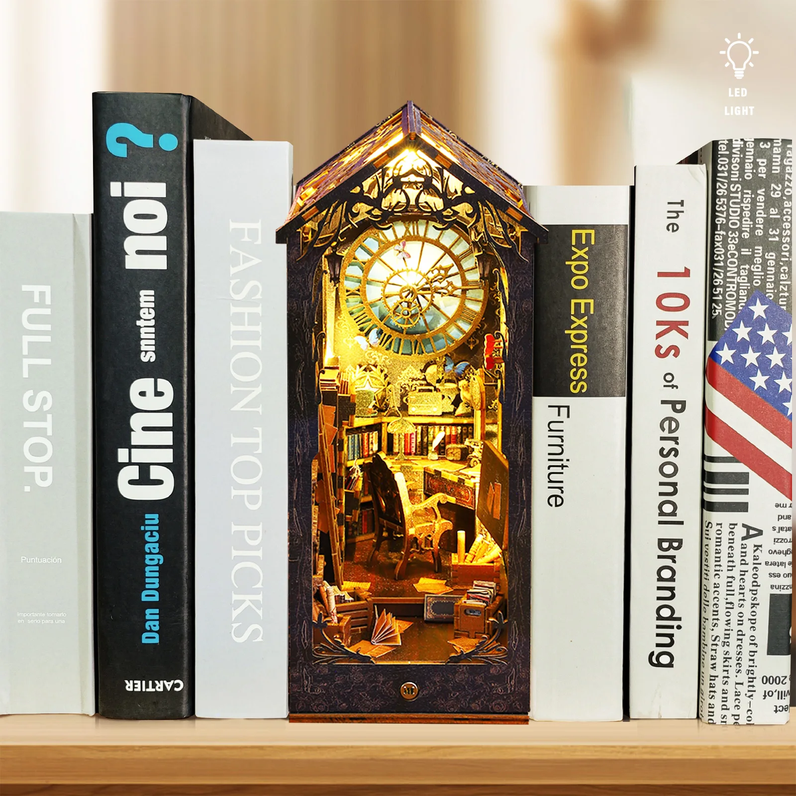 LEDライト付きDIYブックヌックキット,木製パズル,本棚イ - Diy Miniature Dollhouse Kit Book Nook のレビューと価格