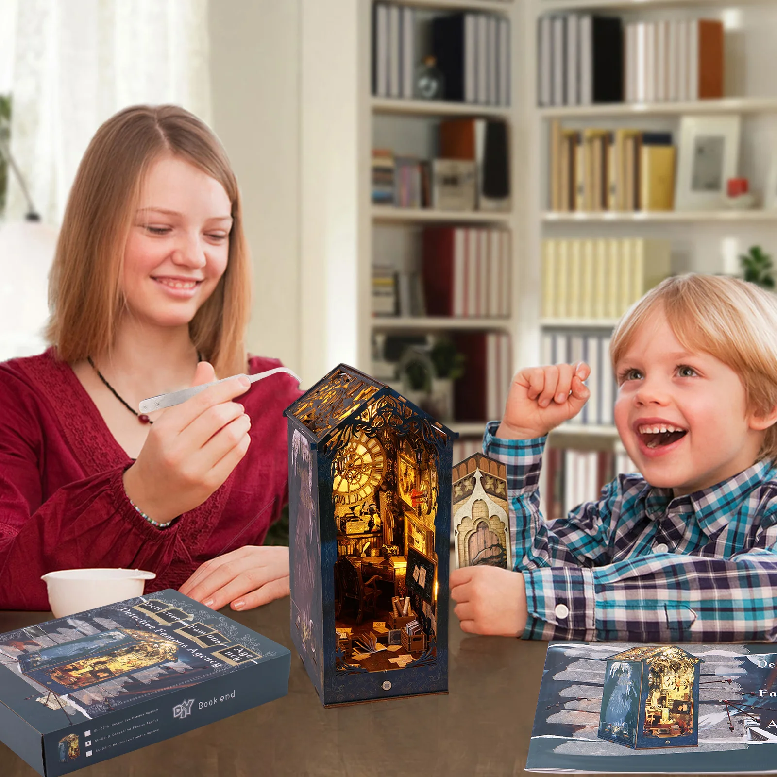 LEDライト付きDIYブックヌックキット,木製パズル,本棚イ - Diy Miniature Dollhouse Kit Book Nook のレビューと価格