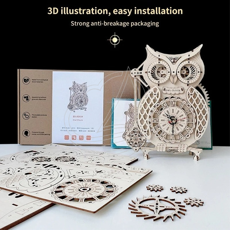 3D木製フクロウ時計パズルDIY組み立てレトロ機械式振り子壁 - Wooden Clock Puzzle Mechanical Pendulum のレビューと価格