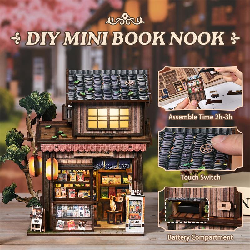 DIYミニチュアハウスキット 3D木製パズル ブックヌック  - Miniature Led Light Kit For Dollhouse のレビューと価格