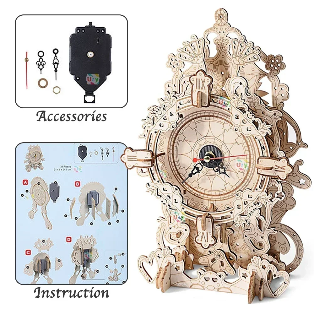 URY 3D木製パズル レトロ壁掛け時計 機械式モデル 組み - Wooden Clock Puzzle Mechanical Pendulum のレビューと価格