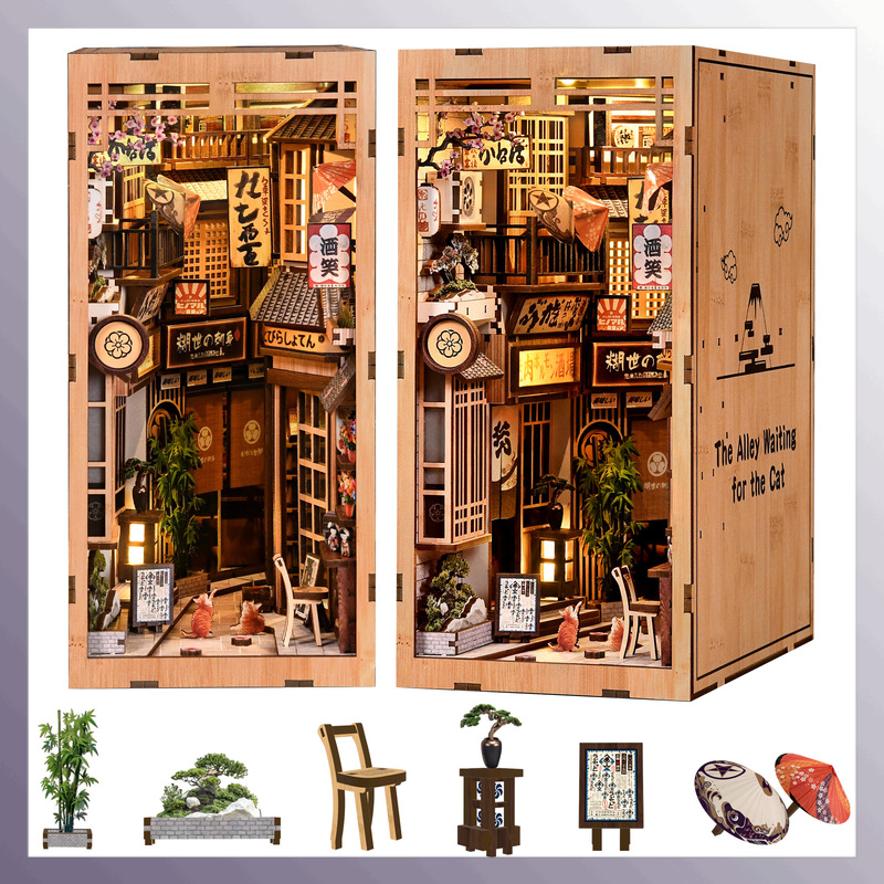 DIY木製「猫を待つ路地」ブックヌックシェルフインサートキッ - Book Nook Shelf Insert Alley Diy のレビューと価格