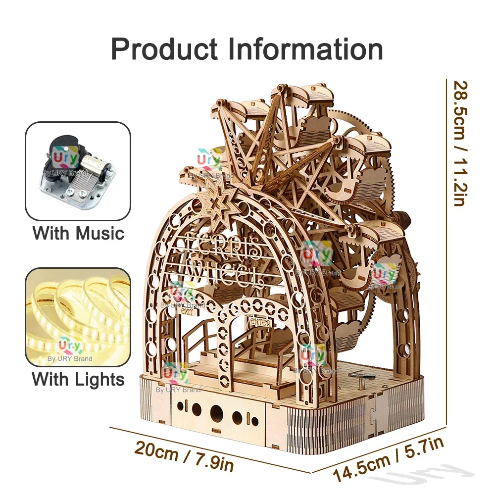 木製観覧車オルゴール,3Dパズル,LED,ハンドヘルド,回転 - Music Box Wooden 3D Puzzle Rotating のレビューと価格