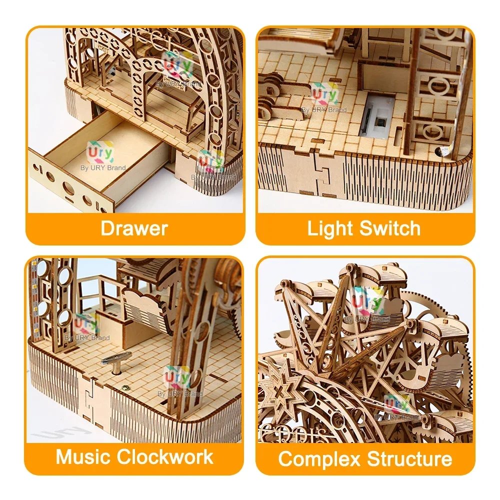 木製観覧車オルゴール,3Dパズル,LED,ハンドヘルド,回転 - Music Box Wooden 3D Puzzle Rotating のレビューと価格